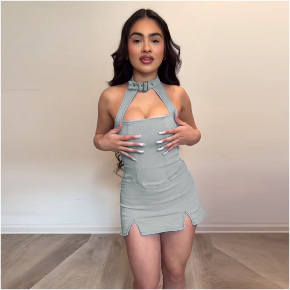 elastic denim buttoned neck dress with chest wrap and sexy spicy girl hollow zipper hip wrap skirt for women image 3