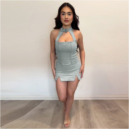 elastic denim buttoned neck dress with chest wrap and sexy spicy girl hollow zipper hip wrap skirt for women image 0