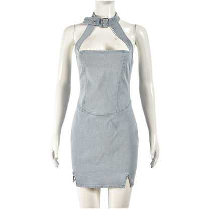elastic denim buttoned neck dress with chest wrap and sexy spicy girl hollow zipper hip wrap skirt for women
