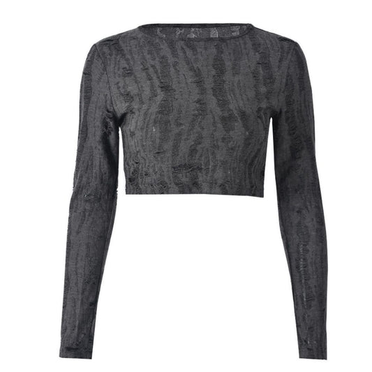 Ripped long sleeved open navel slim fit short top
