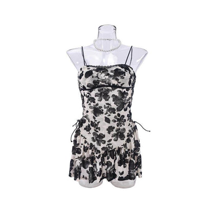Spicy girl elastic suspender mesh velvet backless sexy ultra thin perspective strap short nightgown dress image 3