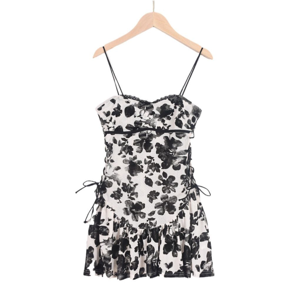 Spicy girl elastic suspender mesh velvet backless sexy ultra thin perspective strap short nightgown dress
