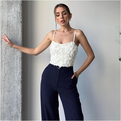 Versatile women clothing with exposed navel and rose petals for single sale wrapped chest top short skirt matching set
