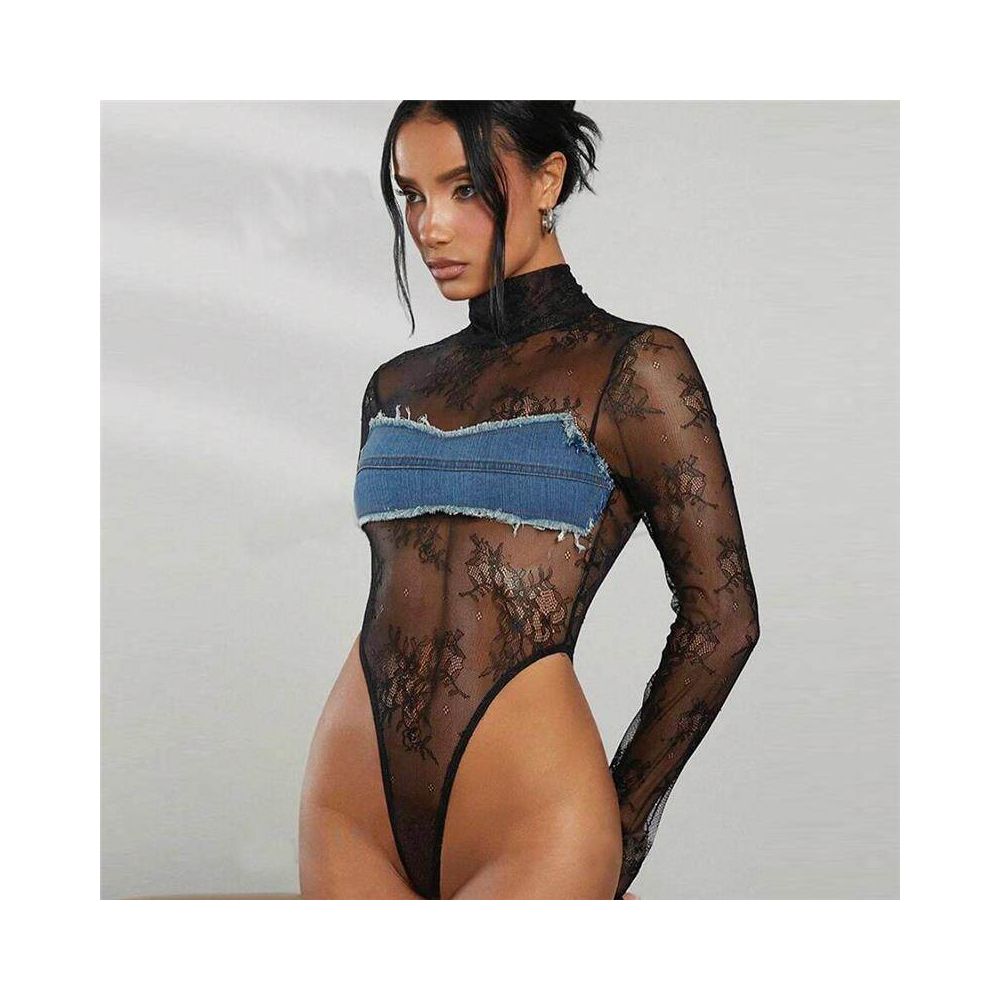 new sexy hot girl combo see through lace color blocked jumpsuit for women image 2