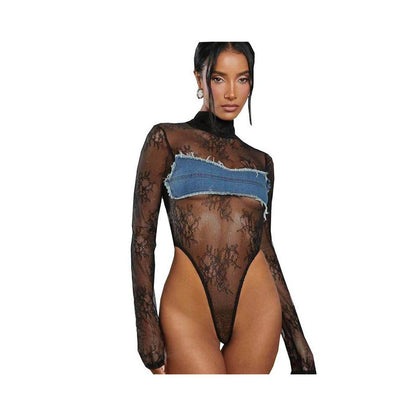 new sexy hot girl combo see through lace color blocked jumpsuit for women image 5