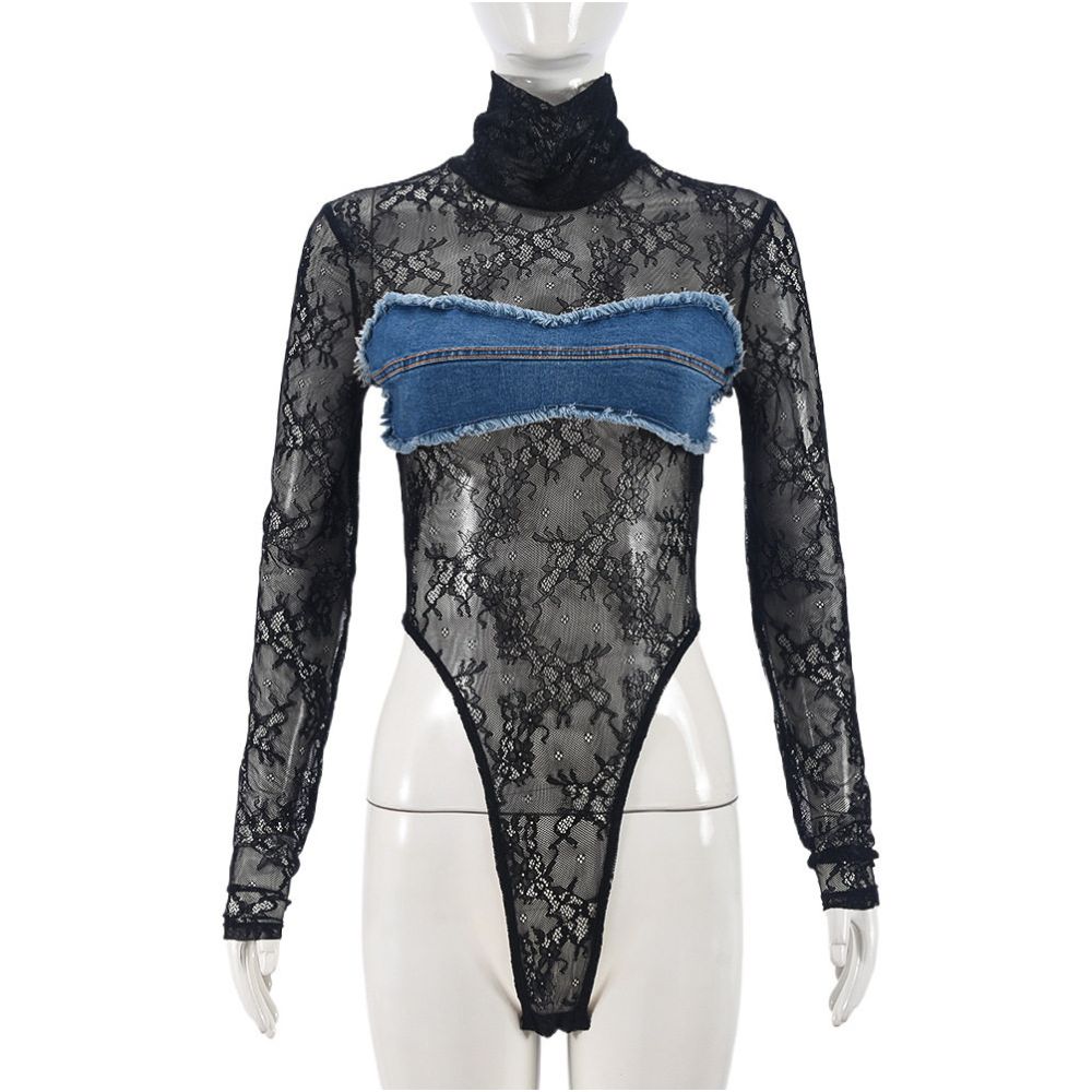 new sexy hot girl combo see through lace color blocked jumpsuit for women
