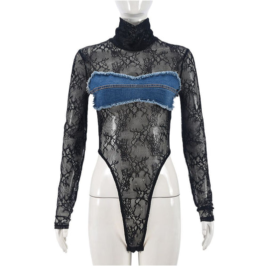 new sexy hot girl combo see through lace color blocked jumpsuit for women