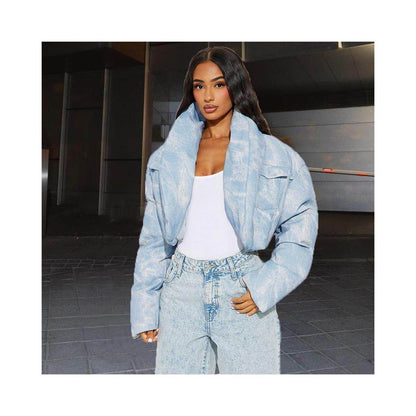 spicy girl jacket with cotton scarf stand up collar long sleeved 51381 blended color blocked short cotton jacket for women image 1