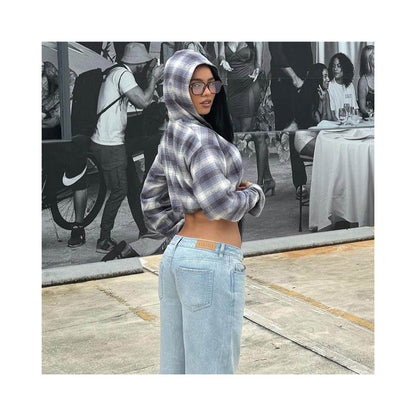 hooked checked jacket hooded short jacket image 4
