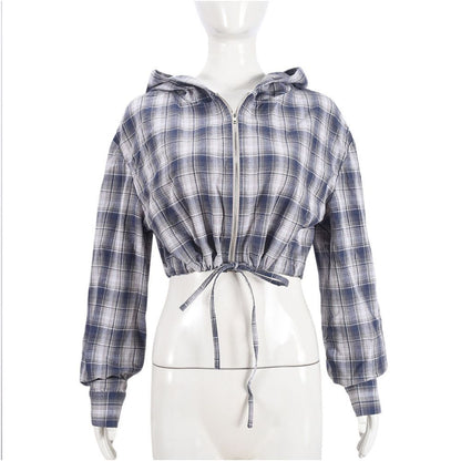 hooked checked jacket hooded short jacket