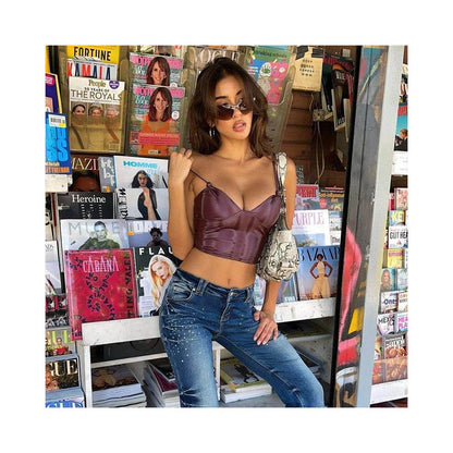 Waist revealing camisole top new strap PU glossy elastic chest strap image 2