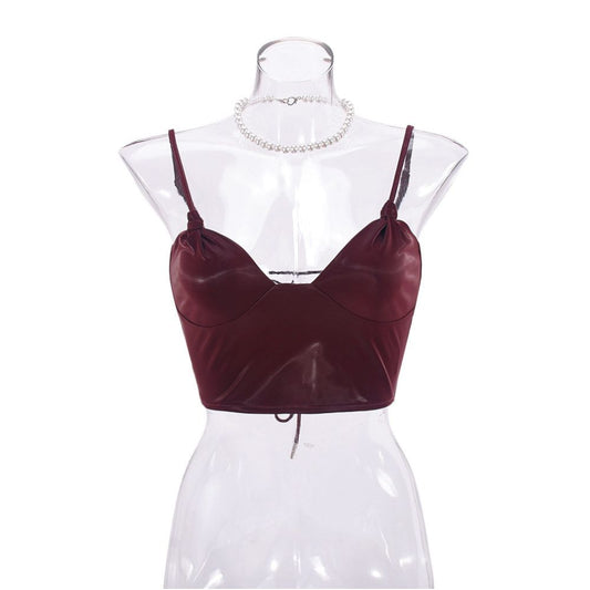 Waist revealing camisole top new strap PU glossy elastic chest strap