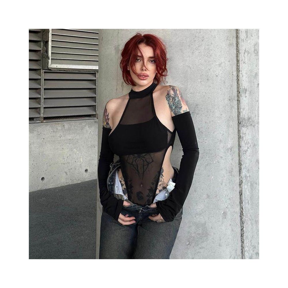 Tight mesh jumpsuit new sexy split long sleeved crotch mesh high stretch jumpsuit top image 1