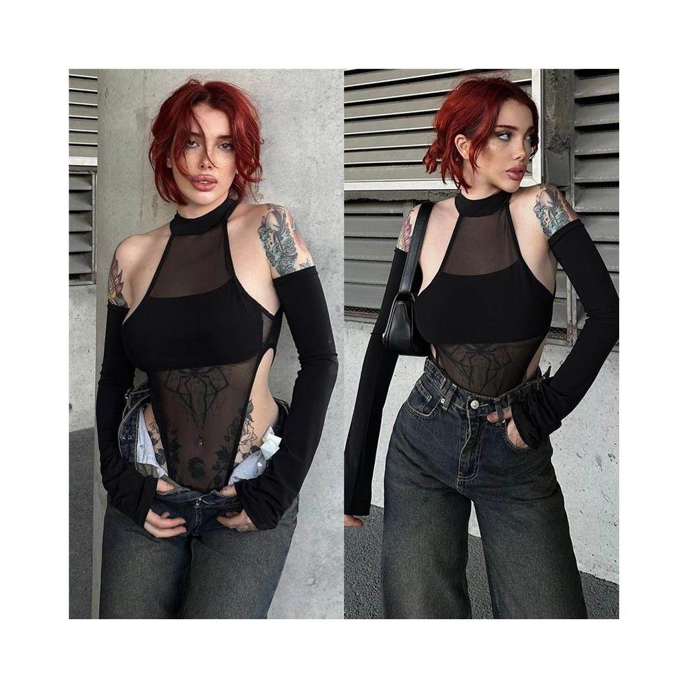 Tight mesh jumpsuit new sexy split long sleeved crotch mesh high stretch jumpsuit top image 3