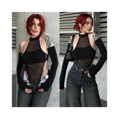 Tight mesh jumpsuit new sexy split long sleeved crotch mesh high stretch jumpsuit top image 3