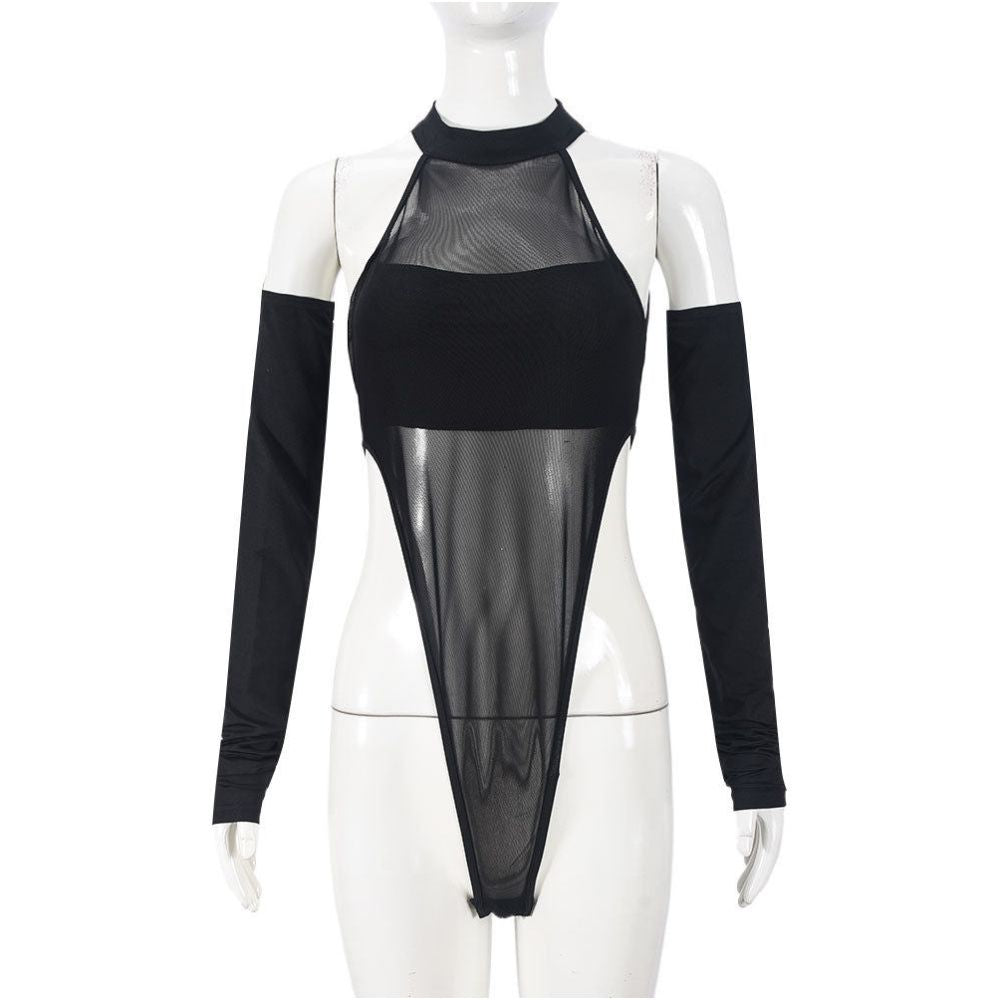 Tight mesh jumpsuit new sexy split long sleeved crotch mesh high stretch jumpsuit top
