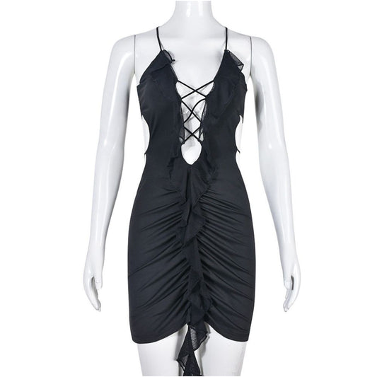 Sexy pure desire spicy girl fashionable spring and summer cool suspender mesh skirt passionate and bold hollow lace up one step skirt 9155