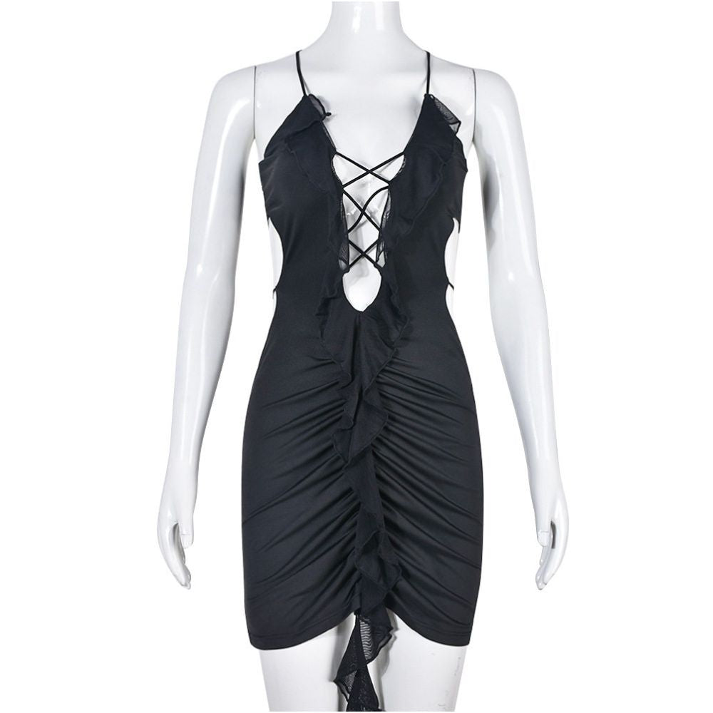 Sexy pure desire spicy girl fashionable spring and summer cool suspender mesh skirt passionate and bold hollow lace up one step skirt 9155