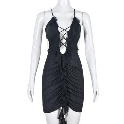 Sexy pure desire spicy girl fashionable spring and summer cool suspender mesh skirt passionate and bold hollow lace up one step skirt 9155
