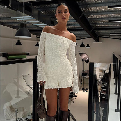 Elasticity Soft Wrap Chest One Shoulder Sexy Long Sleeve Dress image 2