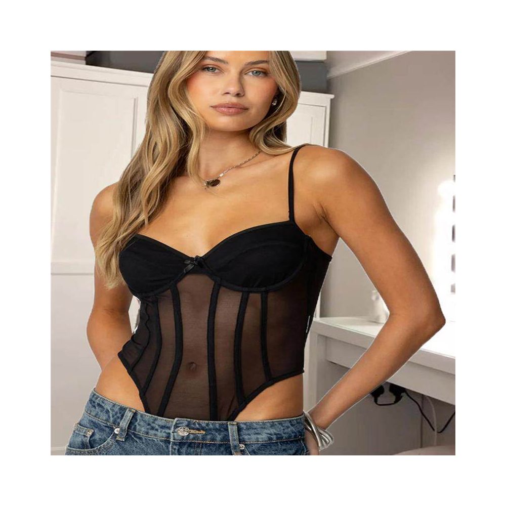 dress sexy and slimming with mesh mesh splicing high waist hollow cup women s spicy girl top image 0