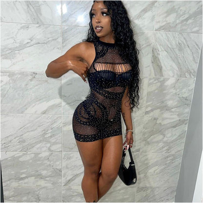 Nightclub Sexy Crazy Hot Diamond Hollow Sleeveless Elastic Dress Women s Wear image 1