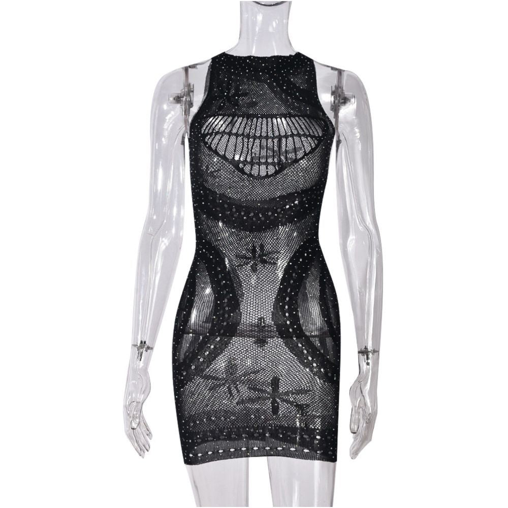 Nightclub Sexy Crazy Hot Diamond Hollow Sleeveless Elastic Dress Women s Wear