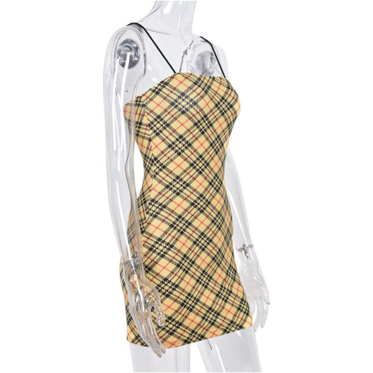 Checkered camisole dress plaid summer camisole dress with exposed shoulders and buttocks