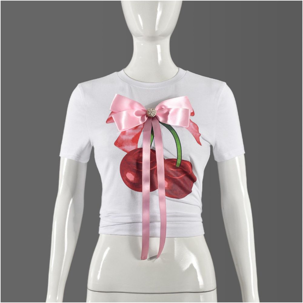 Product Personalized Printed Round Neck Bow Three Dimensional Decoration Spicy Girl Ultra Short T shirt for Women