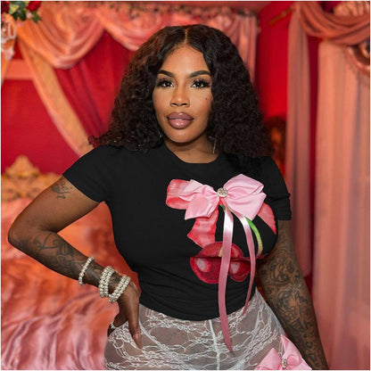 Product Personalized Printed Round Neck Bow Three Dimensional Decoration Spicy Girl Ultra Short T shirt for Women