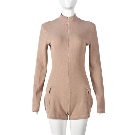 European and American personalized women s clothing spicy girl V neck style pocket long sleeved sexy zipper elastic shorts 9751 jumpsuit