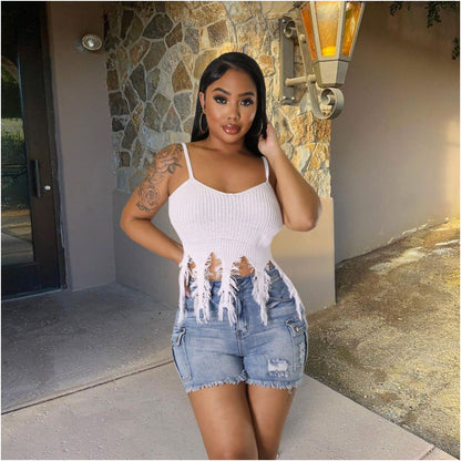 spicy girl style women s clothing autumn new product woolen suspender tassel fashion sexy sweater image 2