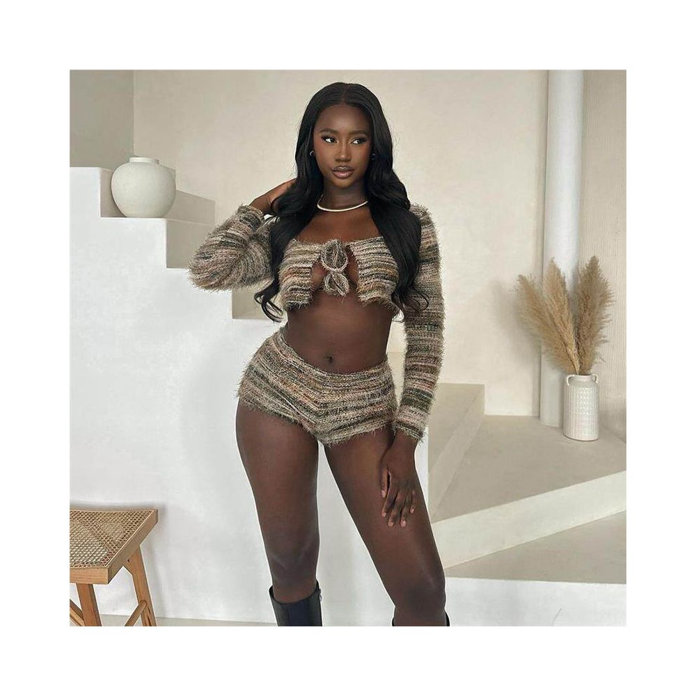 51400 Cross border Women s Autumn Winter Pine Knit Wool European and American Style Cropped Short Sleeved Two Piece Set with Hollow Out Lace Up image 2