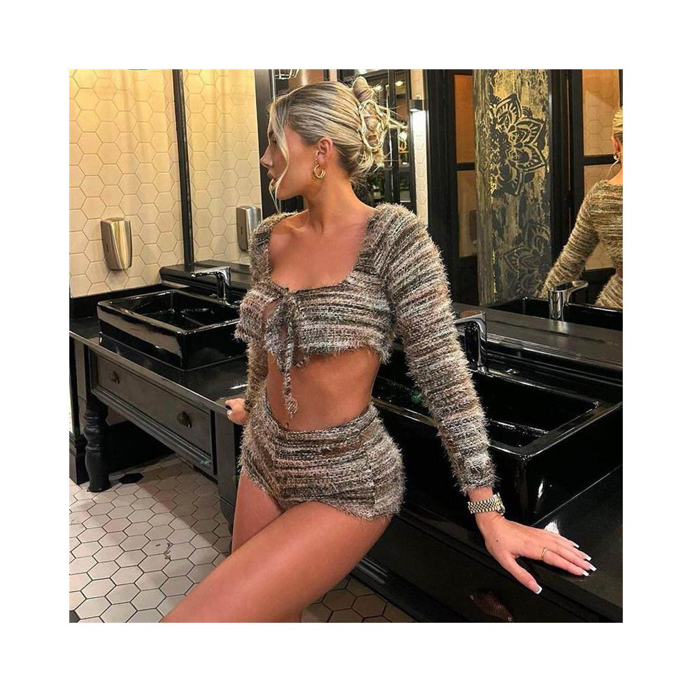 51400 Cross border Women s Autumn Winter Pine Knit Wool European and American Style Cropped Short Sleeved Two Piece Set with Hollow Out Lace Up image 3