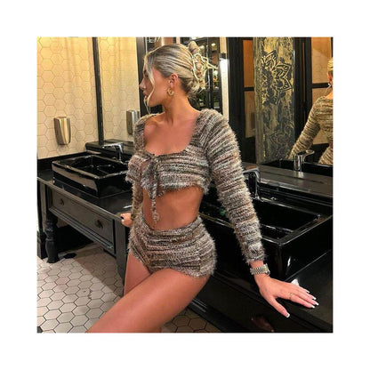 51400 Cross border Women s Autumn Winter Pine Knit Wool European and American Style Cropped Short Sleeved Two Piece Set with Hollow Out Lace Up image 3
