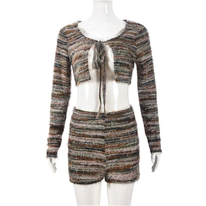 51400 Cross border Women s Autumn Winter Pine Knit Wool European and American Style Cropped Short Sleeved Two Piece Set with Hollow Out Lace Up