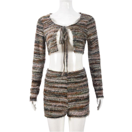 51400 Cross border Women s Autumn Winter Pine Knit Wool European and American Style Cropped Short Sleeved Two Piece Set with Hollow Out Lace Up