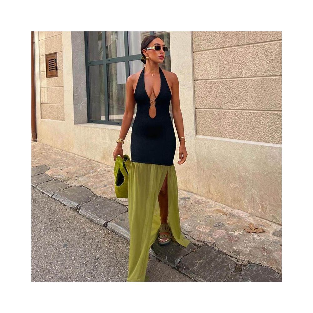 long dress with metal decorative straps color blocked split sexy dress image 1
