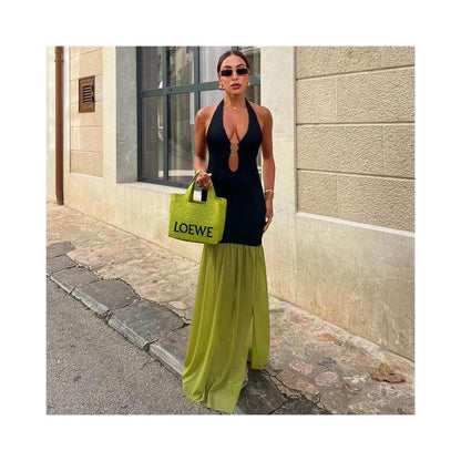 long dress with metal decorative straps color blocked split sexy dress image 2