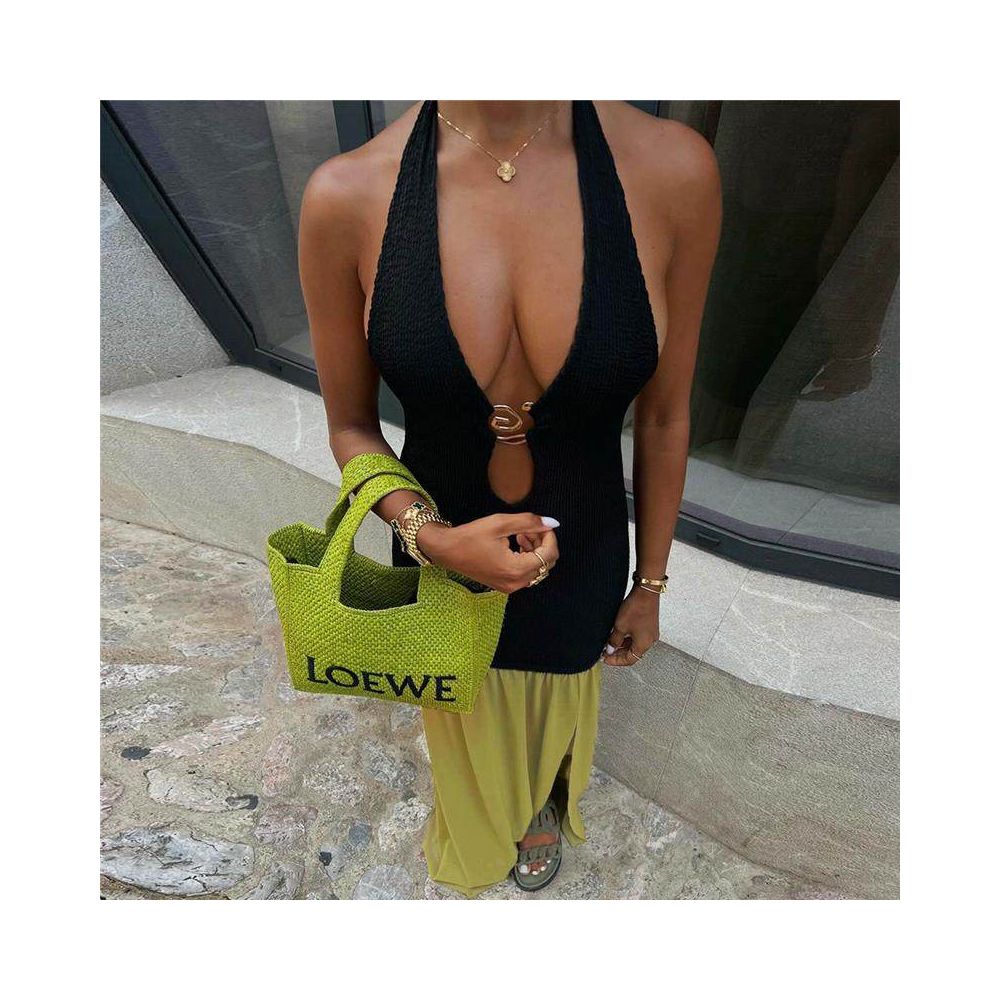 long dress with metal decorative straps color blocked split sexy dress image 4
