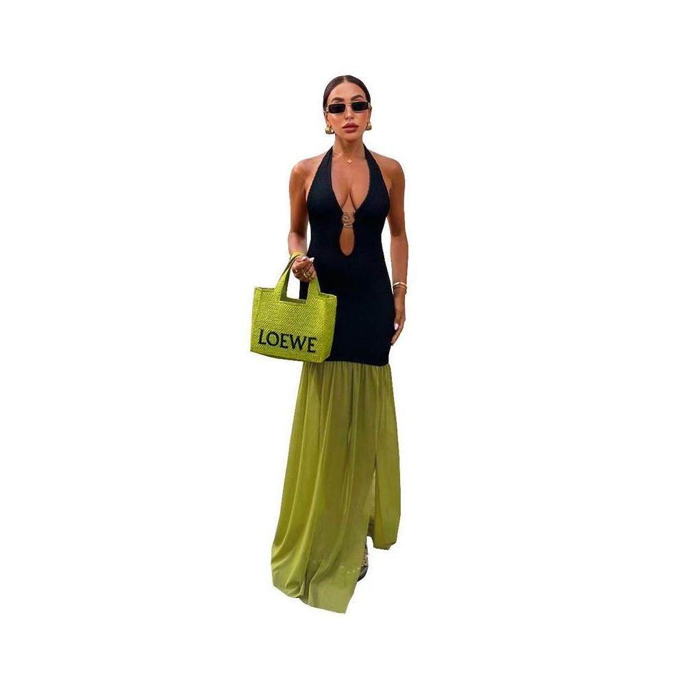 long dress with metal decorative straps color blocked split sexy dress image 5
