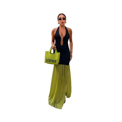 long dress with metal decorative straps color blocked split sexy dress image 5