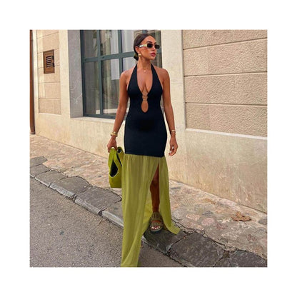 long dress with metal decorative straps color blocked split sexy dress image 0