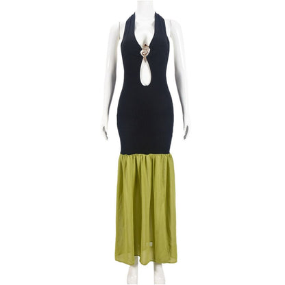 long dress with metal decorative straps color blocked split sexy dress