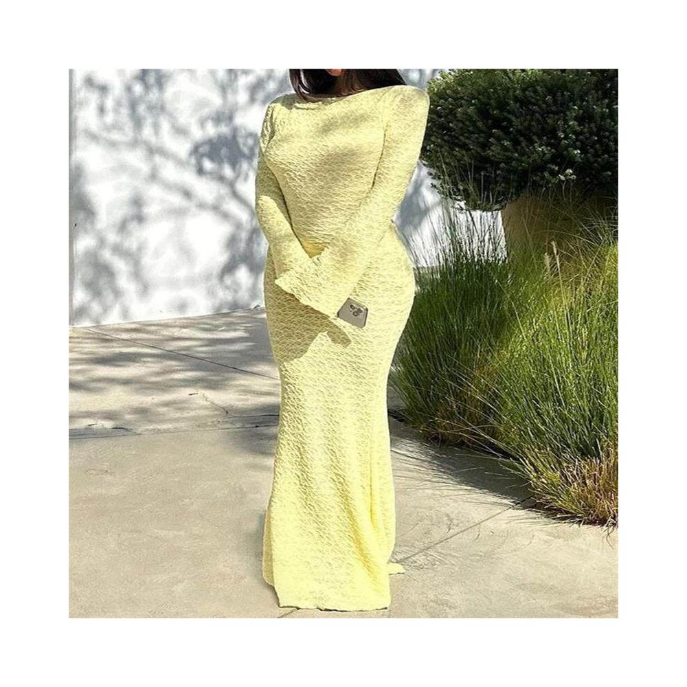 41605 New European and American Export Product Tall Slimming Sexy Backless Solid Color Flared Long Sleeve Round Neck Long Dress image 0