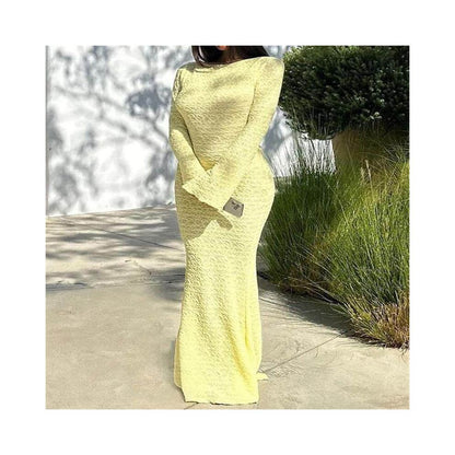 41605 New European and American Export Product Tall Slimming Sexy Backless Solid Color Flared Long Sleeve Round Neck Long Dress image 0