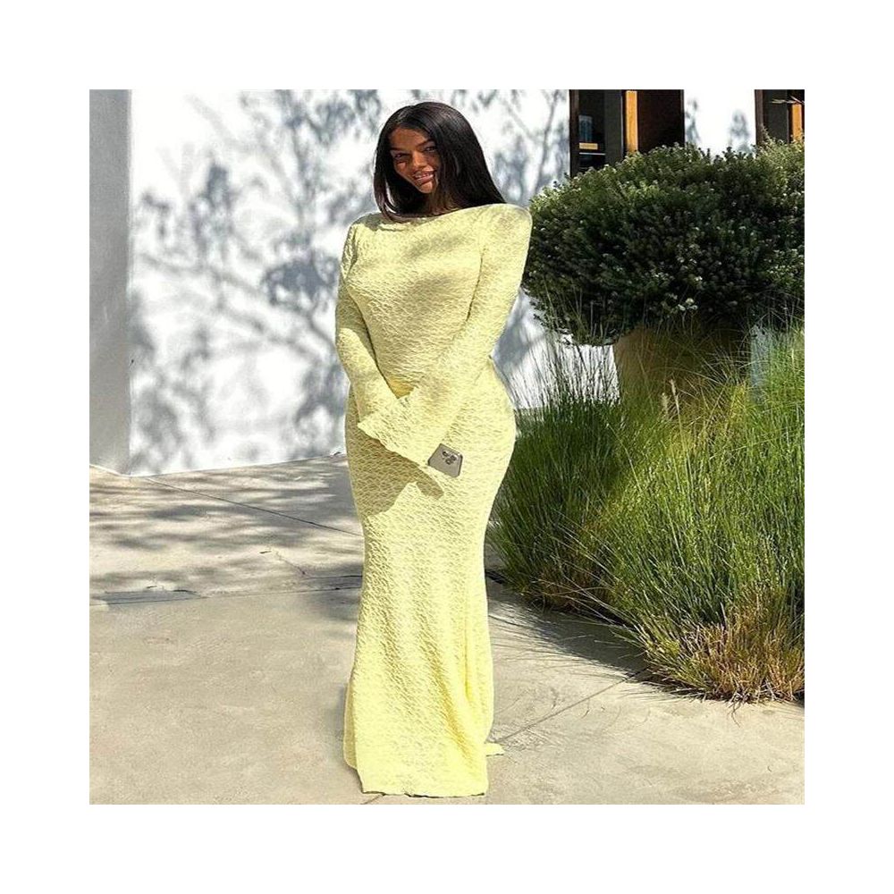 41605 New European and American Export Product Tall Slimming Sexy Backless Solid Color Flared Long Sleeve Round Neck Long Dress image 1