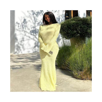 41605 New European and American Export Product Tall Slimming Sexy Backless Solid Color Flared Long Sleeve Round Neck Long Dress image 1