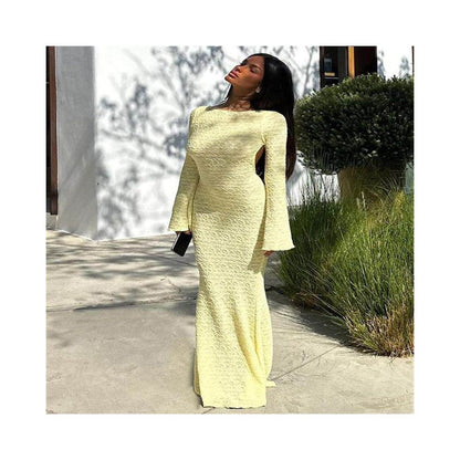 41605 New European and American Export Product Tall Slimming Sexy Backless Solid Color Flared Long Sleeve Round Neck Long Dress image 2