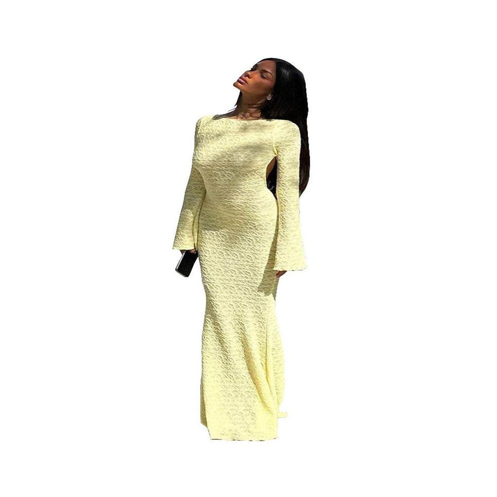 41605 New European and American Export Product Tall Slimming Sexy Backless Solid Color Flared Long Sleeve Round Neck Long Dress image 4